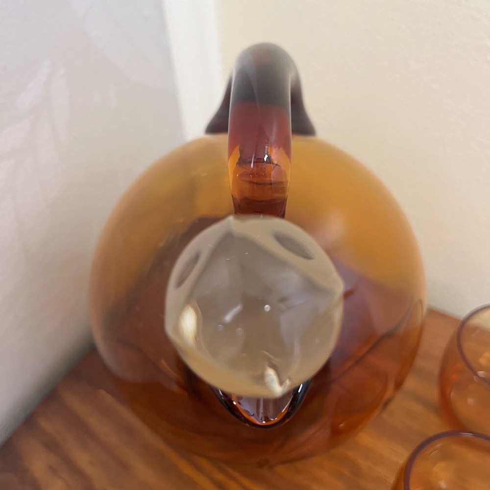Vintage Cambridge Amber Glass Tilt Ball Cordial Decanter w/2 Glasses - Picture 3 of 13